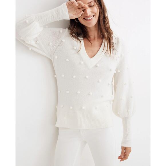 Madewell Bobble Dashwood V-Neck Sweater Womens Small Ivory Knit Wool Blend - Picture 5 of 9